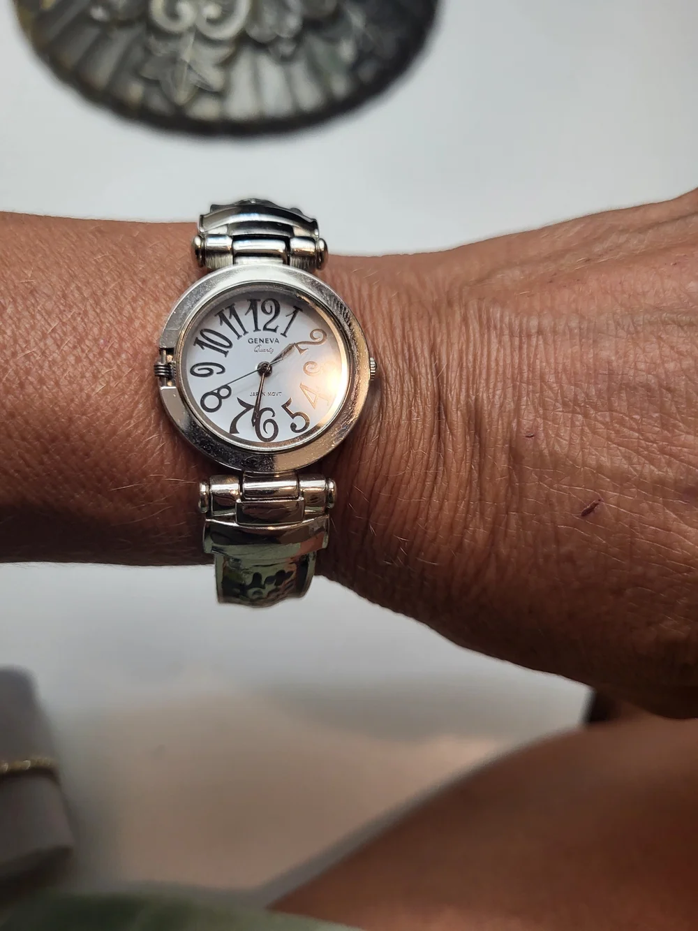 Geneva Art Deco Floral Silver Tone Round Dial Watch with White Face